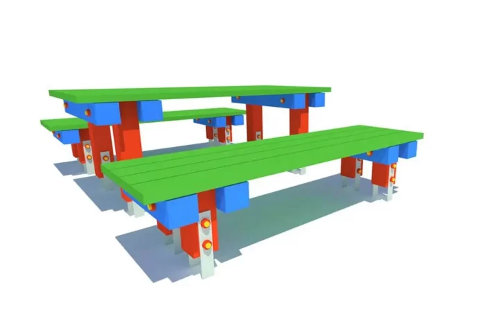 Komplet L-01 składający się z drewnianego stołu oraz dwóch ławek to trwałe i estetyczne rozwiązanie idealne do przestrzeni publicznych i prywatnych