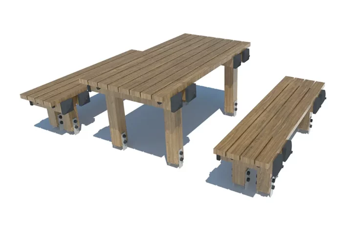 L-01-3-Komplet-wypoczynkowy-na-kotwach Komplet L-01 składający się z drewnianego stołu oraz dwóch ławek to trwałe i estetyczne rozwiązanie idealne do przestrzeni publicznych i prywatnych