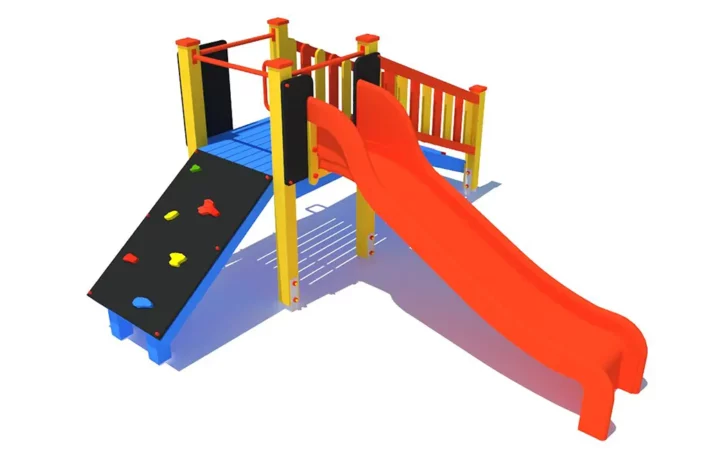 Zestaw zabawowy M71to kompaktowe i funkcjonalne rozwiązanie na plac zabaw. Wyposażony w podest, trap wejściowy, ślizg, ściankę wspinaczkową oraz drabinkę, zapewnia różnorodną zabawę