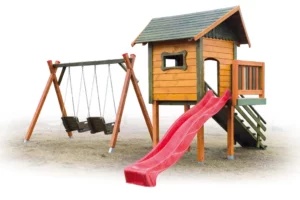 Plac zabaw P10 – wszechstronny zestaw do zabawy z domkiem, huśtawką i zjeżdżalnią