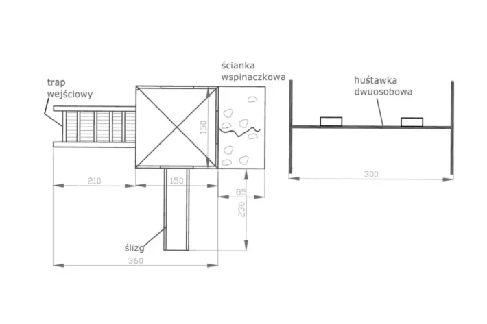 P7-szkic-funkcjonalny-plac-zabaw-dla-dzieci Plac zabaw P7 – wszechstronny zestaw do zabawy z domkiem, huśtawką i zjeżdżalnią