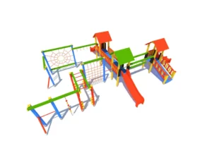 Zestaw zabawowy P76 to imponująca konstrukcja dla dzieci w wieku od 3 do 14 lat, oferująca różnorodne możliwości zabawy, takie jak wspinanie, zjeżdżanie, balansowanie i podciąganie.