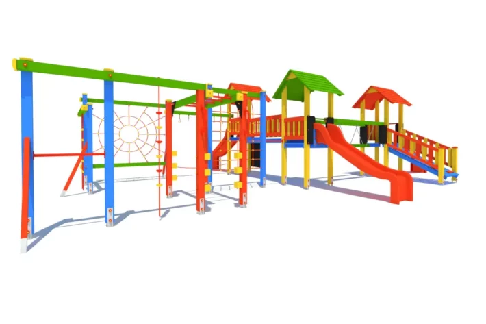P76-2-wszechstronny-plac-zabaw-dla-dzieci Zestaw zabawowy P76 to imponująca konstrukcja dla dzieci w wieku od 3 do 14 lat, oferująca różnorodne możliwości zabawy, takie jak wspinanie, zjeżdżanie, balansowanie i podciąganie.