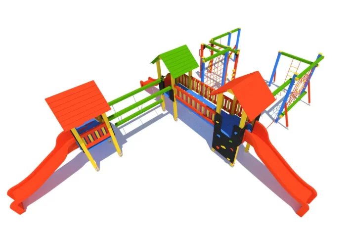 P76-4-wszechstronny-plac-zabaw-dla-dzieci Zestaw zabawowy P76 to imponująca konstrukcja dla dzieci w wieku od 3 do 14 lat, oferująca różnorodne możliwości zabawy, takie jak wspinanie, zjeżdżanie, balansowanie i podciąganie.