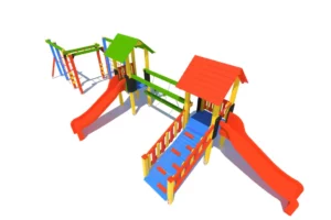Zestaw zabawowy P78 o wymiarach 4,85 m x 14,00 m to nowoczesny plac zabaw, który oferuje szerokie możliwości aktywnej zabawy dla dzieci