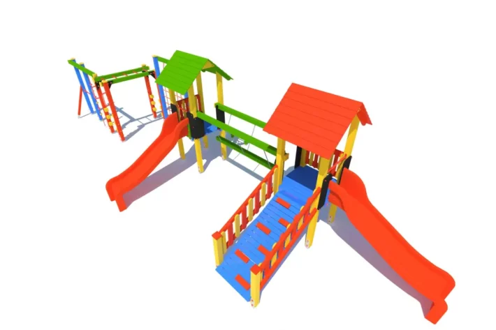 Zestaw zabawowy P78 o wymiarach 4,85 m x 14,00 m to nowoczesny plac zabaw, który oferuje szerokie możliwości aktywnej zabawy dla dzieci
