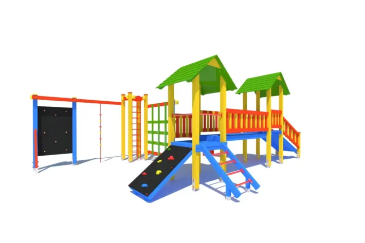 Zestaw zabawowy P79md to imponująca konstrukcja dla dzieci w wieku od 3 do 14 lat, oferująca różnorodne możliwości zabawy, takie jak wspinanie, zjeżdżanie, balansowanie i podciąganie.