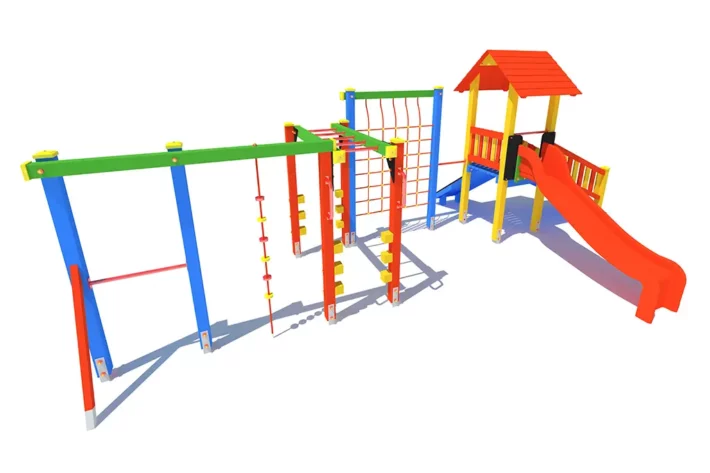 P81-2-Zestaw-zabawowy-dla-dzieci Zestaw zabawowy P81 to kompleksowa atrakcja na plac zabaw, zaprojektowana z myślą o dzieciach w wieku od 3 do 14 lat. Wyposażony w wieżę, trep wejściowy, ślizg, ściankę wspinaczkową, liny, siatkę wspinaczkową oraz drabinkę poziomą, oferuje różnorodne możliwości aktywnej zabawy.