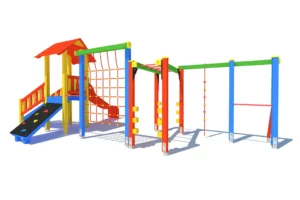 Zestaw zabawowy P81 to kompleksowa atrakcja na plac zabaw, zaprojektowana z myślą o dzieciach w wieku od 3 do 14 lat. Wyposażony w wieżę, trep wejściowy, ślizg, ściankę wspinaczkową, liny, siatkę wspinaczkową oraz drabinkę poziomą, oferuje różnorodne możliwości aktywnej zabawy.