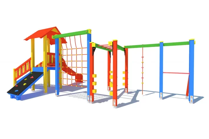 P81-3-Zestaw-zabawowy-dla-dzieci Zestaw zabawowy P81 to kompleksowa atrakcja na plac zabaw, zaprojektowana z myślą o dzieciach w wieku od 3 do 14 lat. Wyposażony w wieżę, trep wejściowy, ślizg, ściankę wspinaczkową, liny, siatkę wspinaczkową oraz drabinkę poziomą, oferuje różnorodne możliwości aktywnej zabawy.