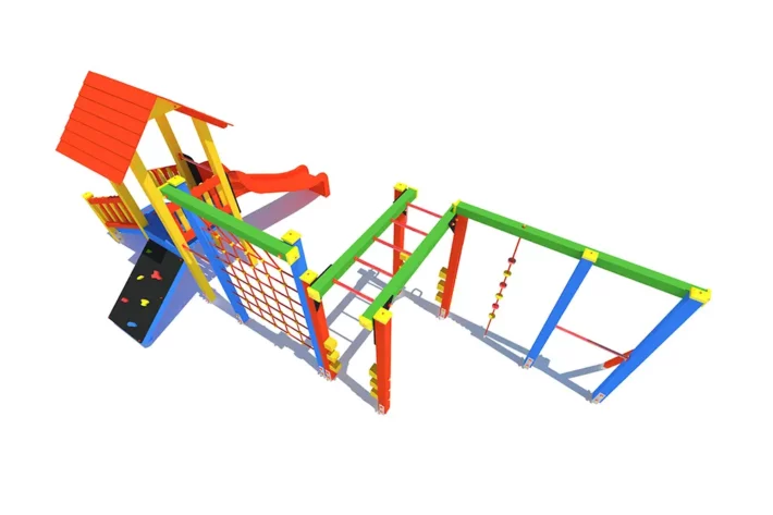P81-4-Zestaw-zabawowy-dla-dzieci Zestaw zabawowy P81 to kompleksowa atrakcja na plac zabaw, zaprojektowana z myślą o dzieciach w wieku od 3 do 14 lat. Wyposażony w wieżę, trep wejściowy, ślizg, ściankę wspinaczkową, liny, siatkę wspinaczkową oraz drabinkę poziomą, oferuje różnorodne możliwości aktywnej zabawy.