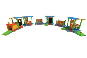 Lokomotywa PE2 z tablicą to doskonałe wyposażenie placu zabaw dla dzieci w wieku od 0 do 12 lat, zapewniające różnorodne możliwości zabawy, takie jak wspinanie, przechodzenie przez tunel czy rysowanie na tablicy kredowej