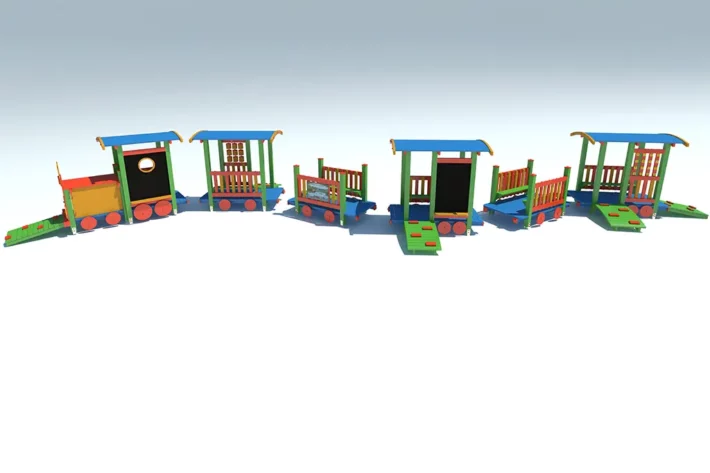 PE2-3-Lokomotywa-z-tablica Lokomotywa PE2 z tablicą to doskonałe wyposażenie placu zabaw dla dzieci w wieku od 0 do 12 lat, zapewniające różnorodne możliwości zabawy, takie jak wspinanie, przechodzenie przez tunel czy rysowanie na tablicy kredowej