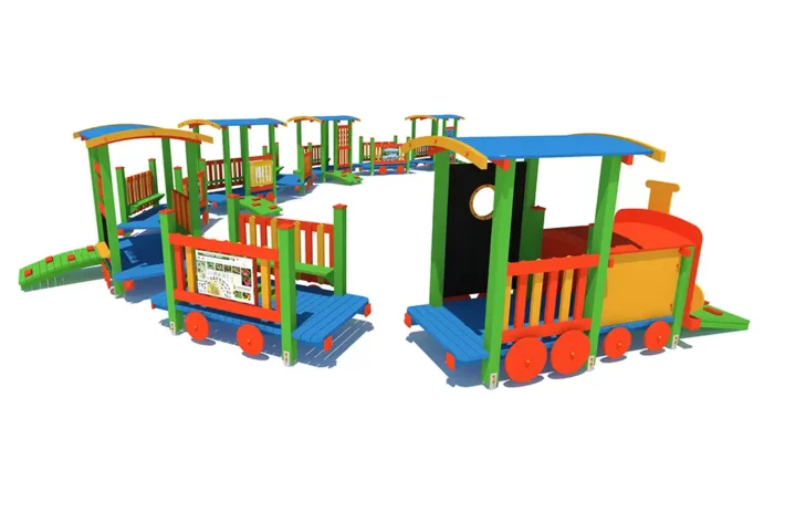 PE2-4-Lokomotywa-z-tablica Lokomotywa PE2 z tablicą to doskonałe wyposażenie placu zabaw dla dzieci w wieku od 0 do 12 lat, zapewniające różnorodne możliwości zabawy, takie jak wspinanie, przechodzenie przez tunel czy rysowanie na tablicy kredowej