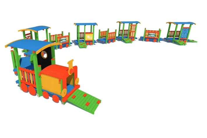 PE2-5-Lokomotywa-z-tablica Lokomotywa PE2 z tablicą to doskonałe wyposażenie placu zabaw dla dzieci w wieku od 0 do 12 lat, zapewniające różnorodne możliwości zabawy, takie jak wspinanie, przechodzenie przez tunel czy rysowanie na tablicy kredowej