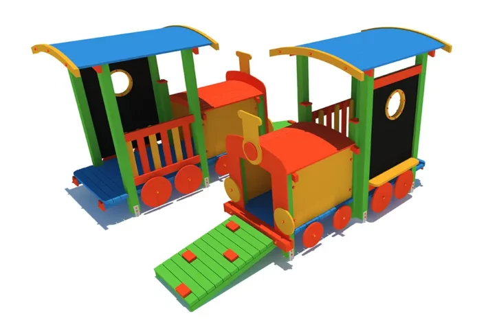 PE2-6-Lokomotywa-z-tablica Lokomotywa PE2 z tablicą to doskonałe wyposażenie placu zabaw dla dzieci w wieku od 0 do 12 lat, zapewniające różnorodne możliwości zabawy, takie jak wspinanie, przechodzenie przez tunel czy rysowanie na tablicy kredowej
