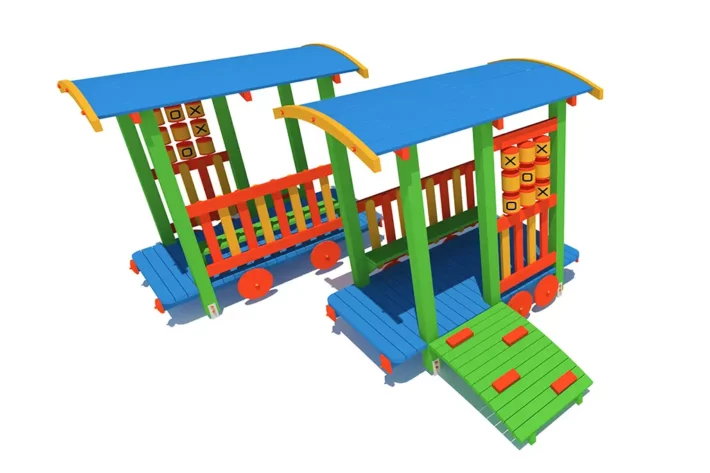 Wagon Kółko-Krzyżyk PE3 to atrakcyjny element placu zabaw przeznaczony dla dzieci w wieku od 0 do 12 lat, łączący wspinanie, grę oraz możliwość wypoczynku na wygodnej ławeczce.