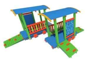 Wagon "wyścig" PE6 to innowacyjne rozwiązanie o kompaktowych wymiarach (szerokość 1,10 m, długość 2,00 m oraz wysokość 2,00 m), które sprawi, że każdy plac zabaw stanie się ulubionym miejscem dzieci