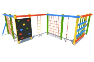 Urządzenie sprawnościowe Zygzak US1 to wszechstronny zestaw do wspinaczki i podciągania, dedykowany dzieciom w wieku od 3 do 12 lat.