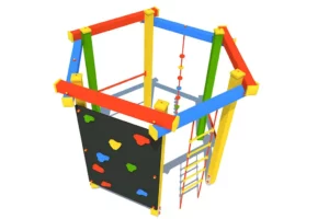 Urządzenie sprawnościowe Sześciokąt Mały US4 to idealne rozwiązanie dla dzieci w wieku od 3 do 12 lat, oferujące wspinaczkę i podciąganie na różnorodnych elementach, takich jak liny wspinaczkowe, pionowa ścianka wspinaczkowa, drabinka linowa i metalowe drążki