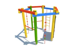 Urządzenie sprawnościowe Sześciokąt Mały US4 to idealne rozwiązanie dla dzieci w wieku od 3 do 12 lat, oferujące wspinaczkę i podciąganie na różnorodnych elementach, takich jak liny wspinaczkowe, pionowa ścianka wspinaczkowa, drabinka linowa i metalowe drążki