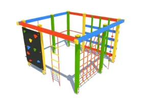 Urządzenie sprawnościowe Kwadrat US5 to wszechstronny zestaw dla dzieci w wieku od 3 do 12 lat, zaprojektowany z myślą o wspinaczce i podciąganiu na różnych elementach, takich jak siatki linowe, liny wspinaczkowe, ścianka wspinaczkowa, drabinka linowa i metalowe drążki.