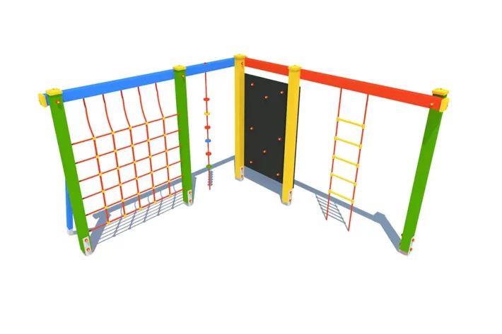 US5-3-Urzadzenie-sprawnosciowe-Kwadrat Urządzenie sprawnościowe Kwadrat US5 to wszechstronny zestaw dla dzieci w wieku od 3 do 12 lat, zaprojektowany z myślą o wspinaczce i podciąganiu na różnych elementach, takich jak siatki linowe, liny wspinaczkowe, ścianka wspinaczkowa, drabinka linowa i metalowe drążki.