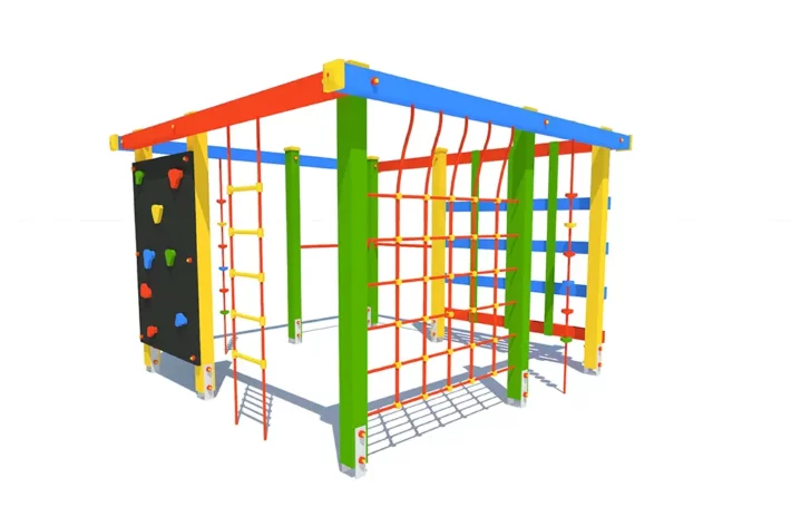 US5-7-Urzadzenie-sprawnosciowe-Kwadrat Urządzenie sprawnościowe Kwadrat US5 to wszechstronny zestaw dla dzieci w wieku od 3 do 12 lat, zaprojektowany z myślą o wspinaczce i podciąganiu na różnych elementach, takich jak siatki linowe, liny wspinaczkowe, ścianka wspinaczkowa, drabinka linowa i metalowe drążki.