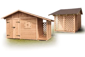 Domek narzędziowy D11 to praktyczne i trwałe rozwiązanie, idealne do przechowywania narzędzi, sprzętu ogrodowego i opału. Konstrukcja o całkowitych wymiarach 4,50m x 2,50m została zaprojektowana z myślą o maksymalnej funkcjonalności, oferując pomieszczenie gospodarcze o powierzchni 3,50m x 2,50m oraz dodatkowe zadaszenie na opał o wymiarach 1,00m x 2,50m.