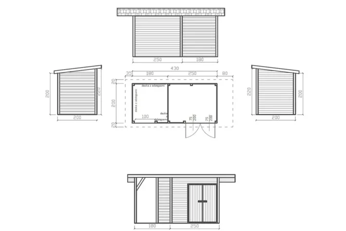 d29szkic-funkcjonalny-domek-narzedziowy Domek narzędziowy D29 to idealna konstrukcja dla osób poszukujących praktycznego i estetycznego miejsca do przechowywania narzędzi oraz opału. Dzięki wymiarom 2,00m x 4,30m domek zapewnia wystarczającą przestrzeń zarówno na pomieszczenie gospodarcze (2,50m x 2,00m), jak i zadaszone miejsce na opał (1,80m x 2,00m).