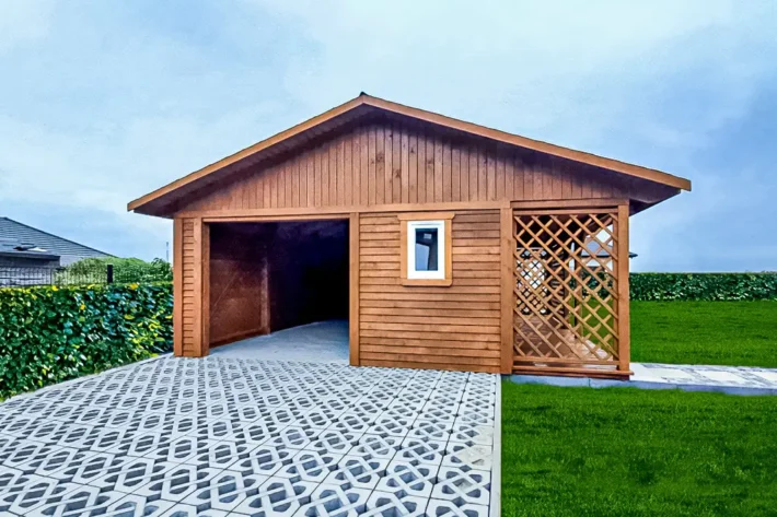 Garaż G5 to nowoczesna i funkcjonalna konstrukcja, która łączy w sobie przestronny garaż z praktycznym pomieszczeniem gospodarczym oraz zadaszeniem. Dzięki wymiarom 7,70m x 5,20m, garaż oferuje wygodną przestrzeń do przechowywania pojazdów, narzędzi oraz sprzętów ogrodowych.