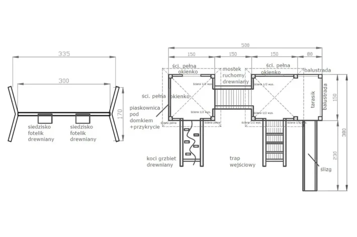 p25-szkic-funkcjonalny-plac-zabaw-dla-dzieci Plac zabaw P25 to kompletny, rozbudowany zestaw, który zapewnia dzieciom wiele możliwości aktywnej i bezpiecznej zabawy na świeżym powietrzu. Konstrukcja składa się z dwóch domków, tarasu, huśtawki oraz wielu innych atrakcji, które wspierają rozwój motoryczny oraz wyobraźnię. Wymiary domku wynoszą 5,00m x 3,80m, a huśtawki 1,70m x 3,35m, co pozwala na komfortową i bezpieczną zabawę dla dzieci w różnym wieku.